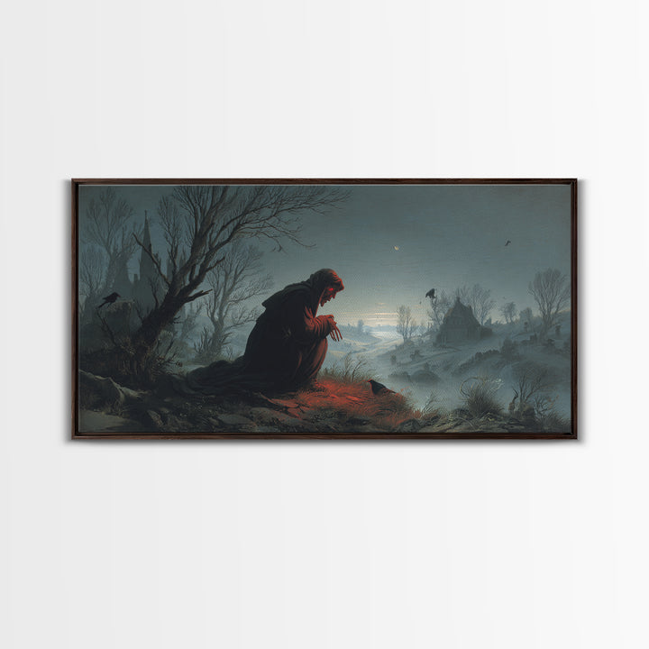 The Red-Eyed Night Hag, Romantic Gothic Landscape, Wide Panoramic Art, Dark Halloween Decor, Canvas Print, Halloween Wall Art