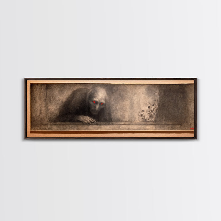 The Red-Eyed Night Hag, Symbolist Dream Art, Extra Wide Wall Art, Dark Halloween Decor, Framed Canvas Print, Halloween Wall Art