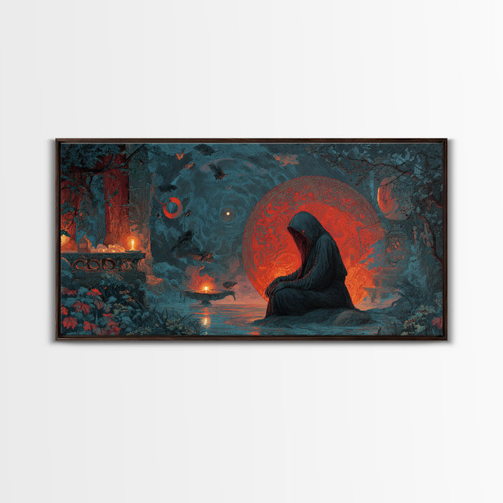 The Red-Eyed Night Hag, Symbolist Gothic Landscape, Wide Panoramic Art, Dark Halloween Decor, Canvas Print, Halloween Wall Art