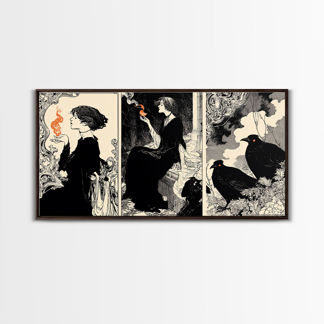 The Red-Eyed Night Hag, Decadent Line Art, Wide Panoramic Art, Dark Fantasy Wall Art, Framed Canvas Print, Halloween Wall Art