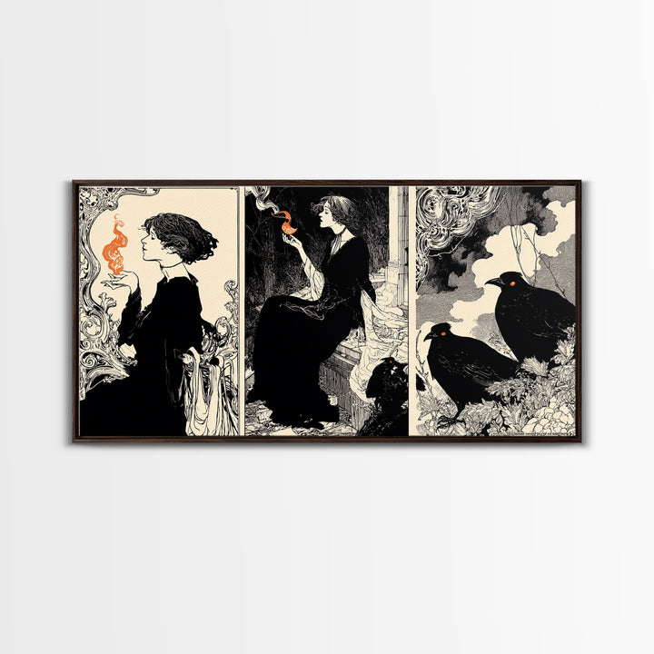 The Red-Eyed Night Hag, Decadent Line Art, Wide Panoramic Art, Dark Fantasy Wall Art, Framed Canvas Print, Halloween Wall Art