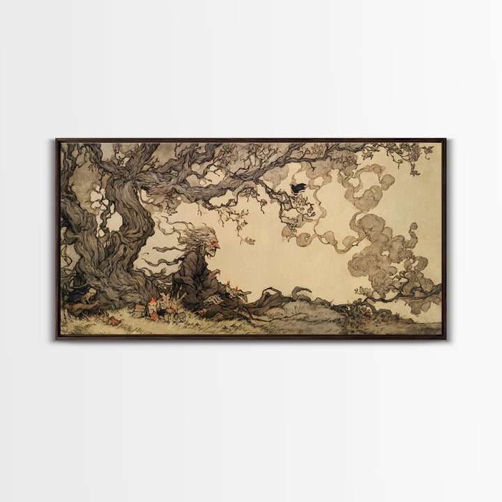 The Red-Eyed Night Hag, Gothic Storybook Art, Wide Panoramic Art, Macabre Wall Art, Canvas Print, Halloween Wall Art