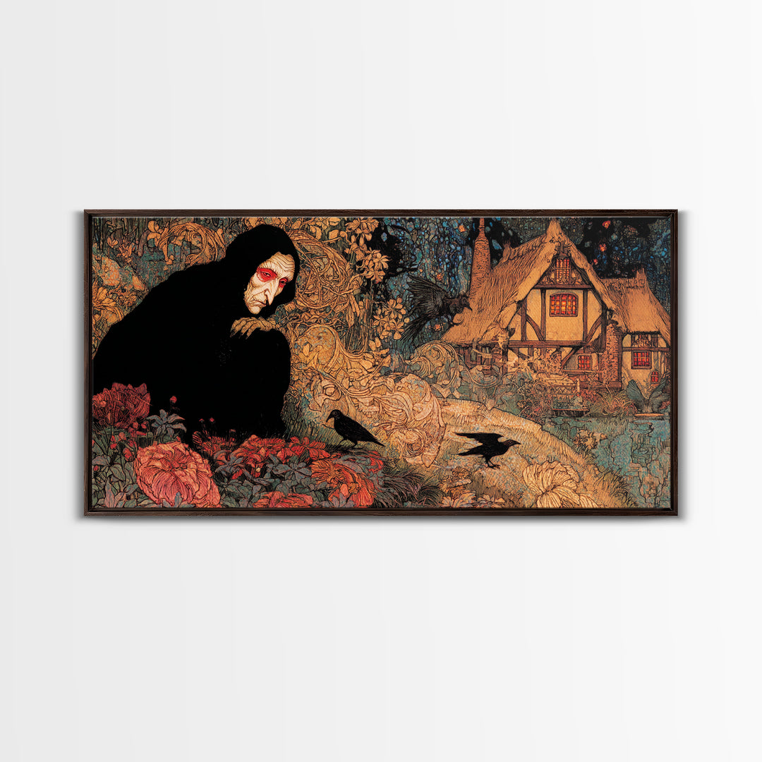 The Red-Eyed Night Hag, Stained Glass Gothic Art, Wide Panoramic Art, Dark Fantasy Wall Art, Canvas Print, Halloween Wall Art