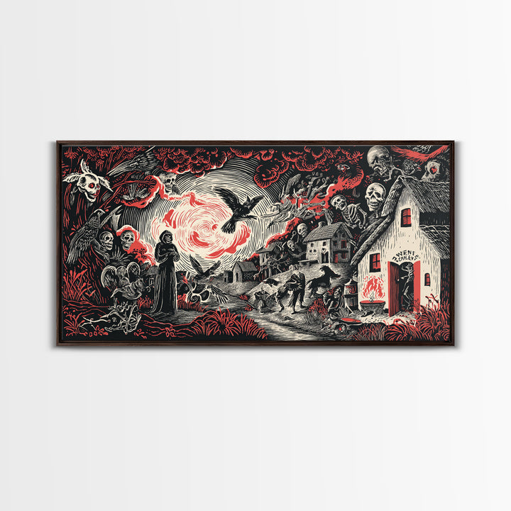 The Red-Eyed Night Hag, Macabre Folk Print Art, Wide Panoramic Art, Gothic Horror Wall Art, Canvas Print, Halloween Wall Art