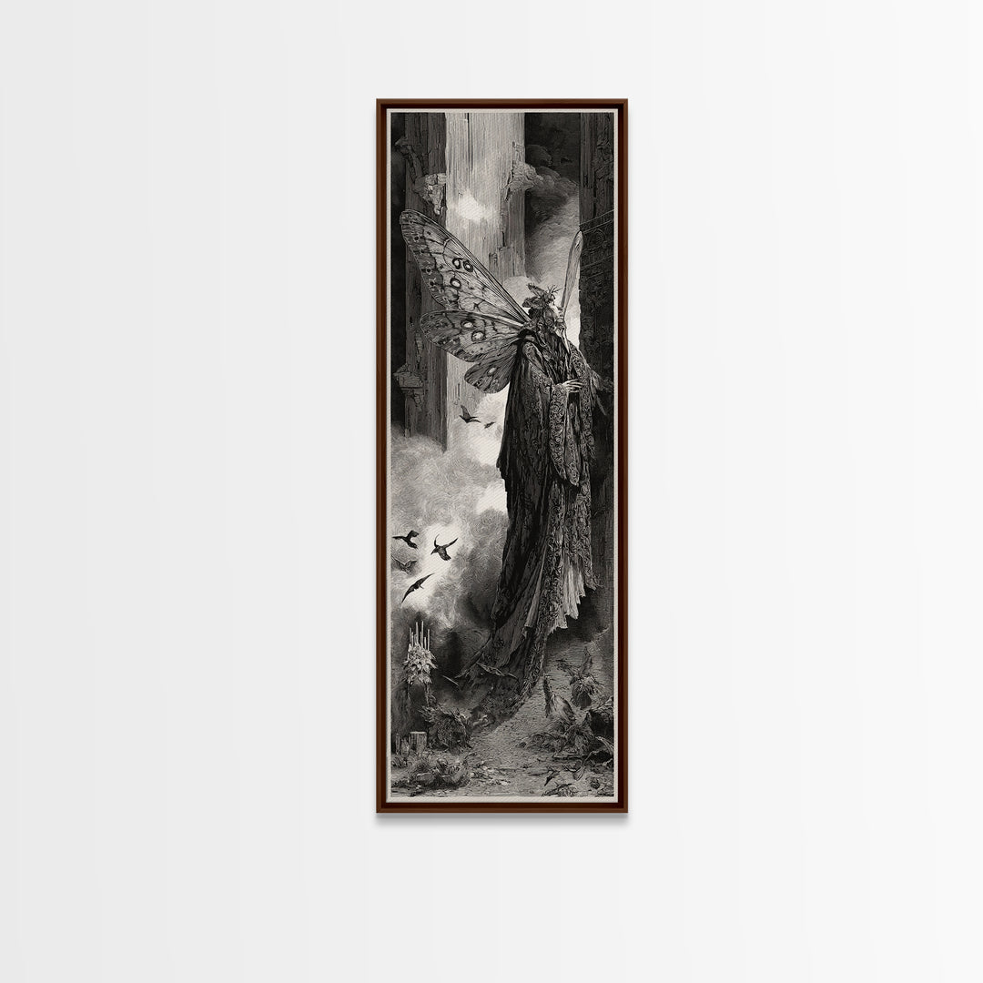 The Velvet Moth Witch, Gothic Engraving Art, Tall Narrow Wall Art, Gothic Horror Wall Art, Canvas Print, Halloween Wall Art