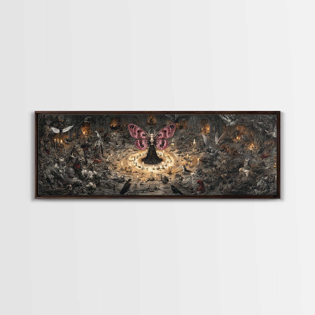 The Velvet Moth Witch, Medieval Grotesque Art, Extra Wide Wall Art, Dark Halloween Decor, Canvas Print, Halloween Wall Art