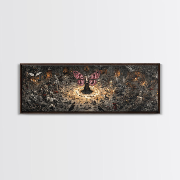 The Velvet Moth Witch, Medieval Grotesque Art, Extra Wide Wall Art, Dark Halloween Decor, Canvas Print, Halloween Wall Art