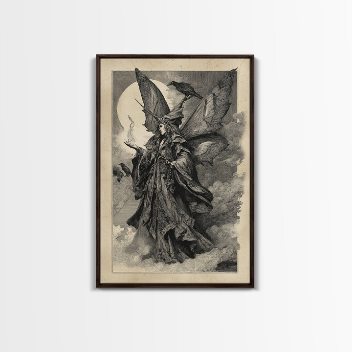 The Velvet Moth Witch, Renaissance Engraving Art, Vertical Wall Art, Gothic Horror Wall Art, Framed Canvas Print, Halloween Wall Art