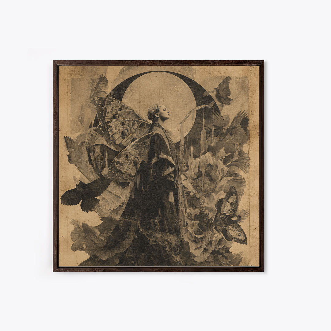 The Velvet Moth Witch, Symbolist Dream Art, Square Wall Art, Dark Fantasy Wall Art, Framed Canvas Print, Halloween Wall Art