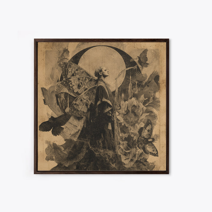 The Velvet Moth Witch, Symbolist Dream Art, Square Wall Art, Dark Fantasy Wall Art, Framed Canvas Print, Halloween Wall Art