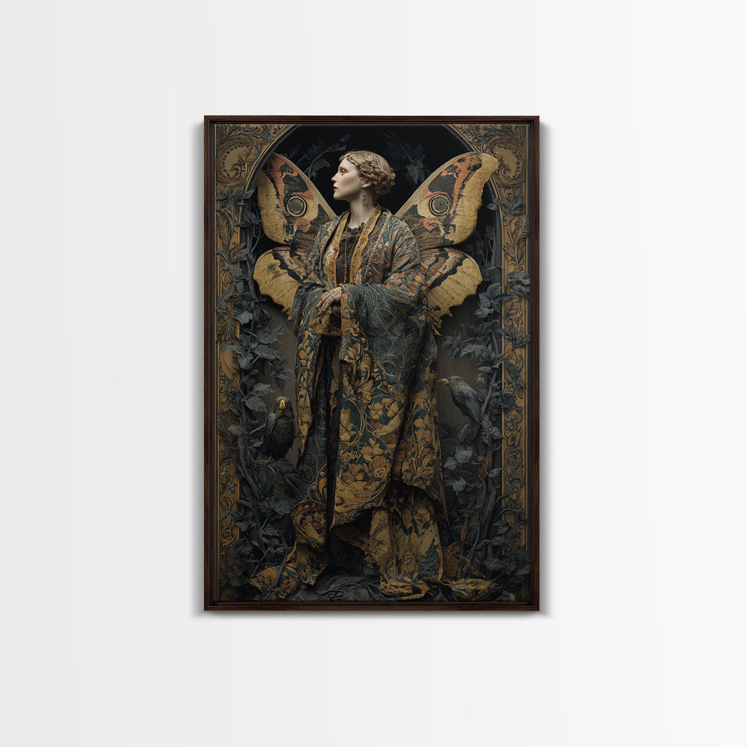 The Velvet Moth Witch, Ornate Symbolist Art, Vertical Wall Art, Gothic Horror Wall Art, Framed Canvas Print, Halloween Wall Art
