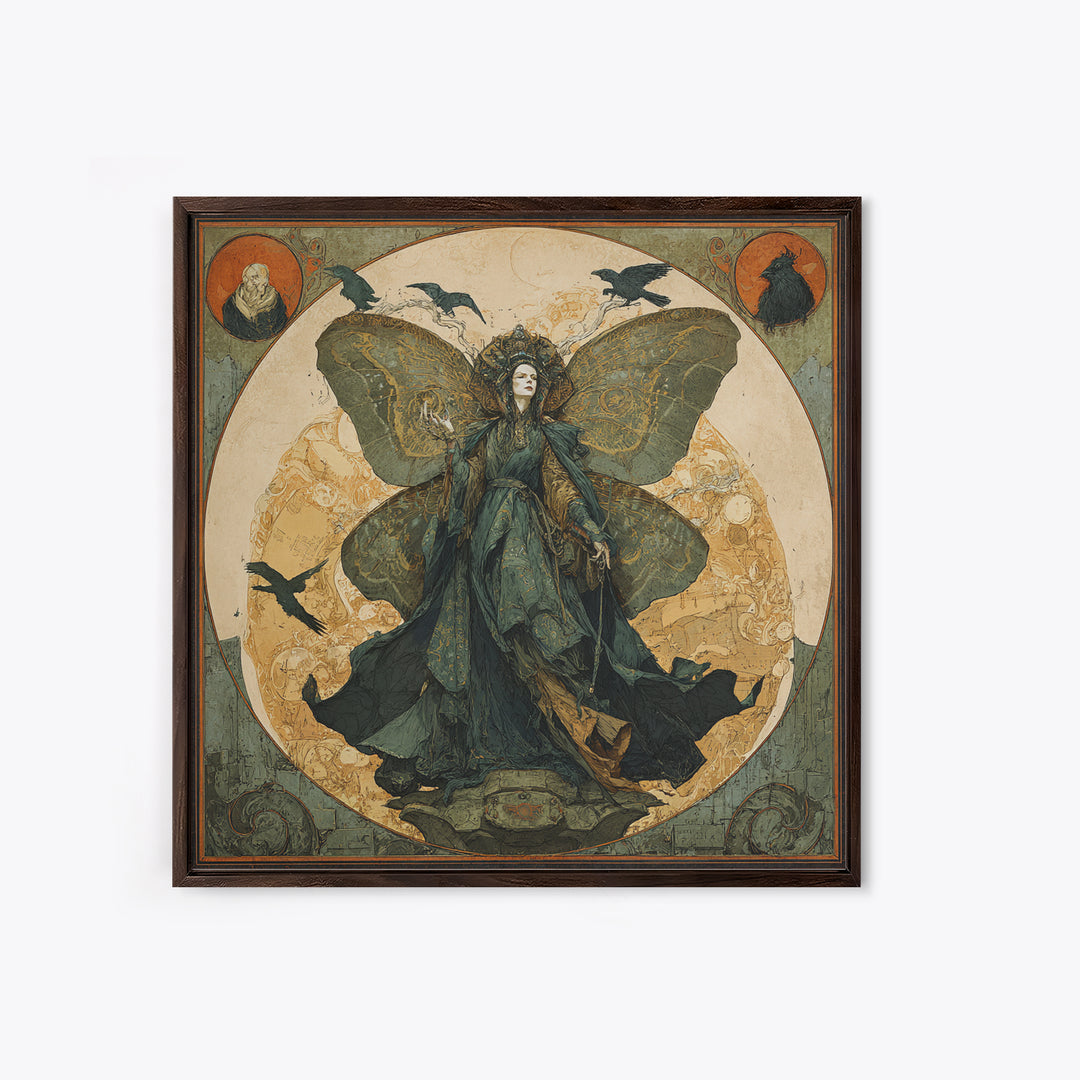 The Velvet Moth Witch, Symbolist Etching Art, Square Wall Art, Gothic Horror Wall Art, Canvas Print, Halloween Wall Art