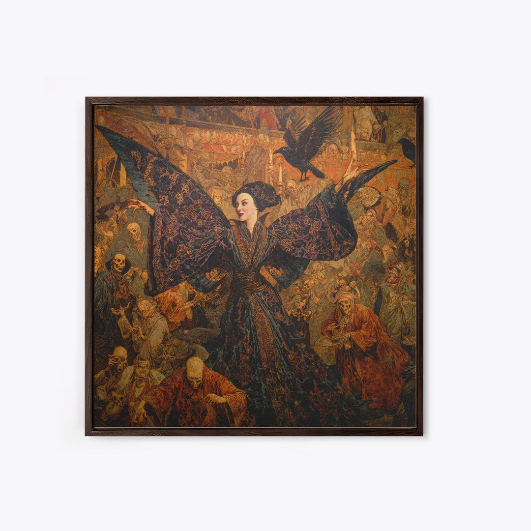 The Velvet Moth Witch, Grotesque Carnival Art, Square Wall Art, Dark Halloween Decor, Framed Canvas Print, Halloween Wall Art