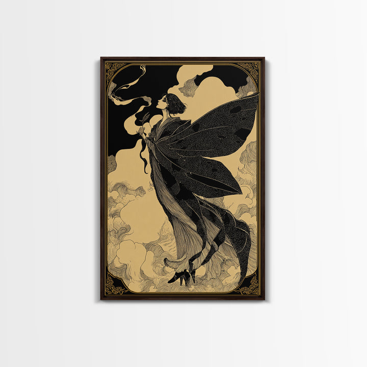 The Velvet Moth Witch, Decadent Line Art, Vertical Wall Art, Gothic Horror Wall Art, Canvas Print, Halloween Wall Art