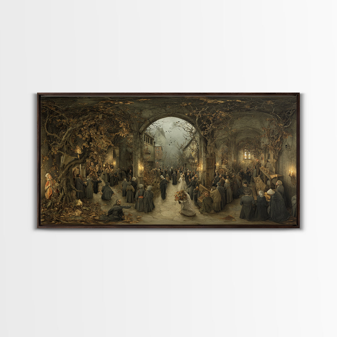 The Ghostly Groom, Northern Renaissance Horror, Wide Panoramic Art, Macabre Wall Art, Framed Canvas Print, Halloween Wall Art
