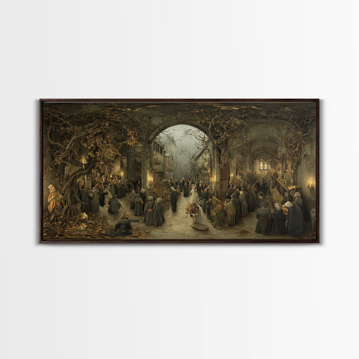 The Ghostly Groom, Northern Renaissance Horror, Wide Panoramic Art, Macabre Wall Art, Framed Canvas Print, Halloween Wall Art