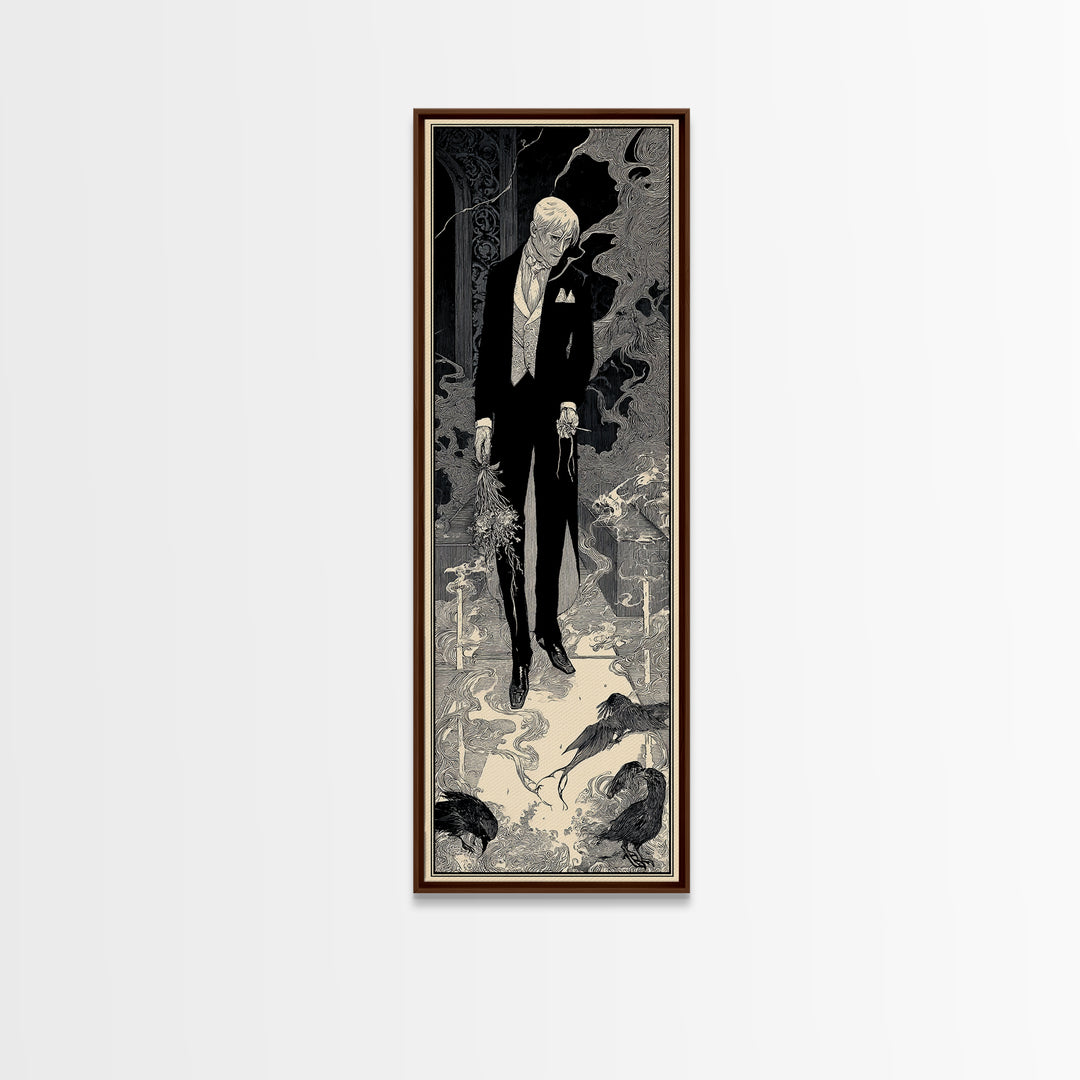 The Ghostly Groom, Decadent Line Art, Tall Narrow Wall Art, Dark Fantasy Wall Art, Framed Canvas Print, Halloween Wall Art