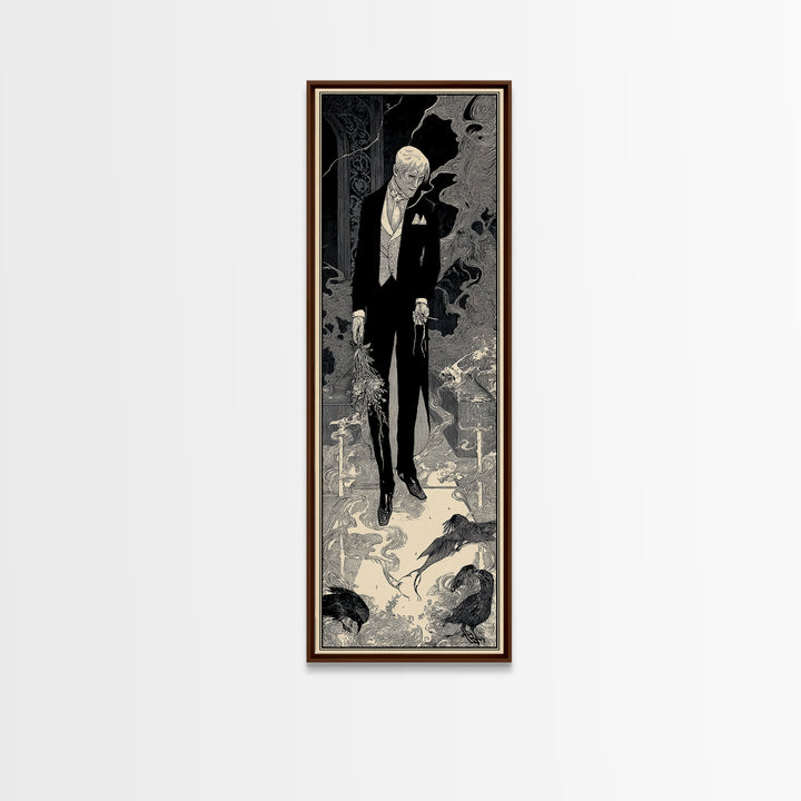 The Ghostly Groom, Decadent Line Art, Tall Narrow Wall Art, Dark Fantasy Wall Art, Framed Canvas Print, Halloween Wall Art