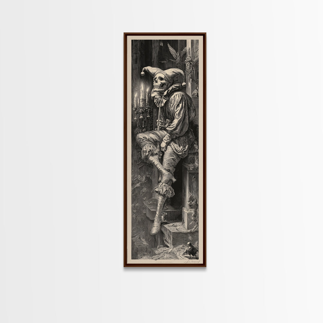 The Phantom Jester, Gothic Engraving Art, Tall Narrow Wall Art, Dark Fantasy Wall Art, Framed Canvas Print, Halloween Wall Art