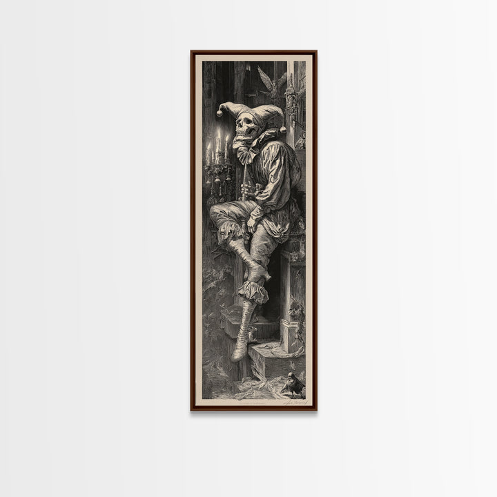 The Phantom Jester, Gothic Engraving Art, Tall Narrow Wall Art, Dark Fantasy Wall Art, Framed Canvas Print, Halloween Wall Art