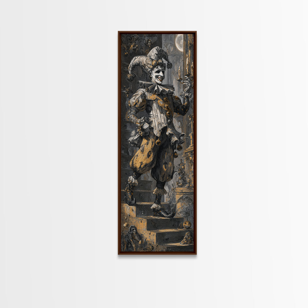 The Phantom Jester, Architectural Etching Art, Tall Narrow Wall Art, Gothic Horror Wall Art, Framed Canvas Print