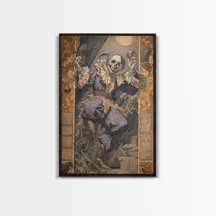 The Phantom Jester, Symbolist Etching Art, Vertical Wall Art, Dark Halloween Decor, Framed Canvas Print, Halloween Wall Art