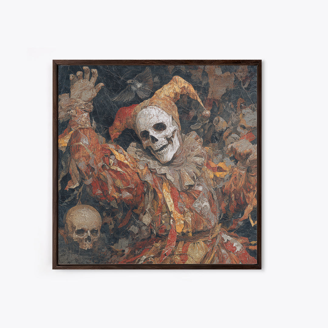 The Phantom Jester, Grotesque Carnival Art, Square Wall Art, Macabre Wall Art, Framed Canvas Print, Halloween Wall Art, Halloween Decor