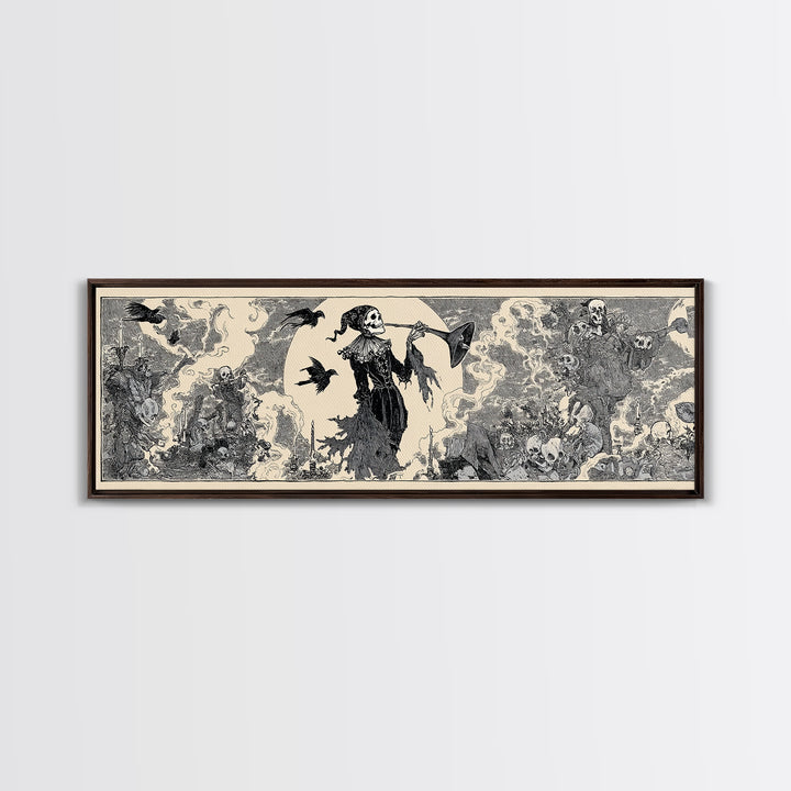 The Phantom Jester, Decadent Line Art, Extra Wide Wall Art, Gothic Horror Wall Art, Framed Canvas Print, Halloween Wall Art