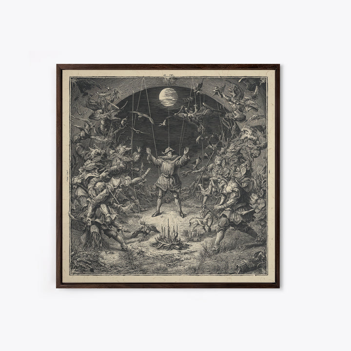 The Marionette Master, Renaissance Engraving Art, Square Wall Art, Dark Halloween Decor, Framed Canvas Print, Halloween Wall Art