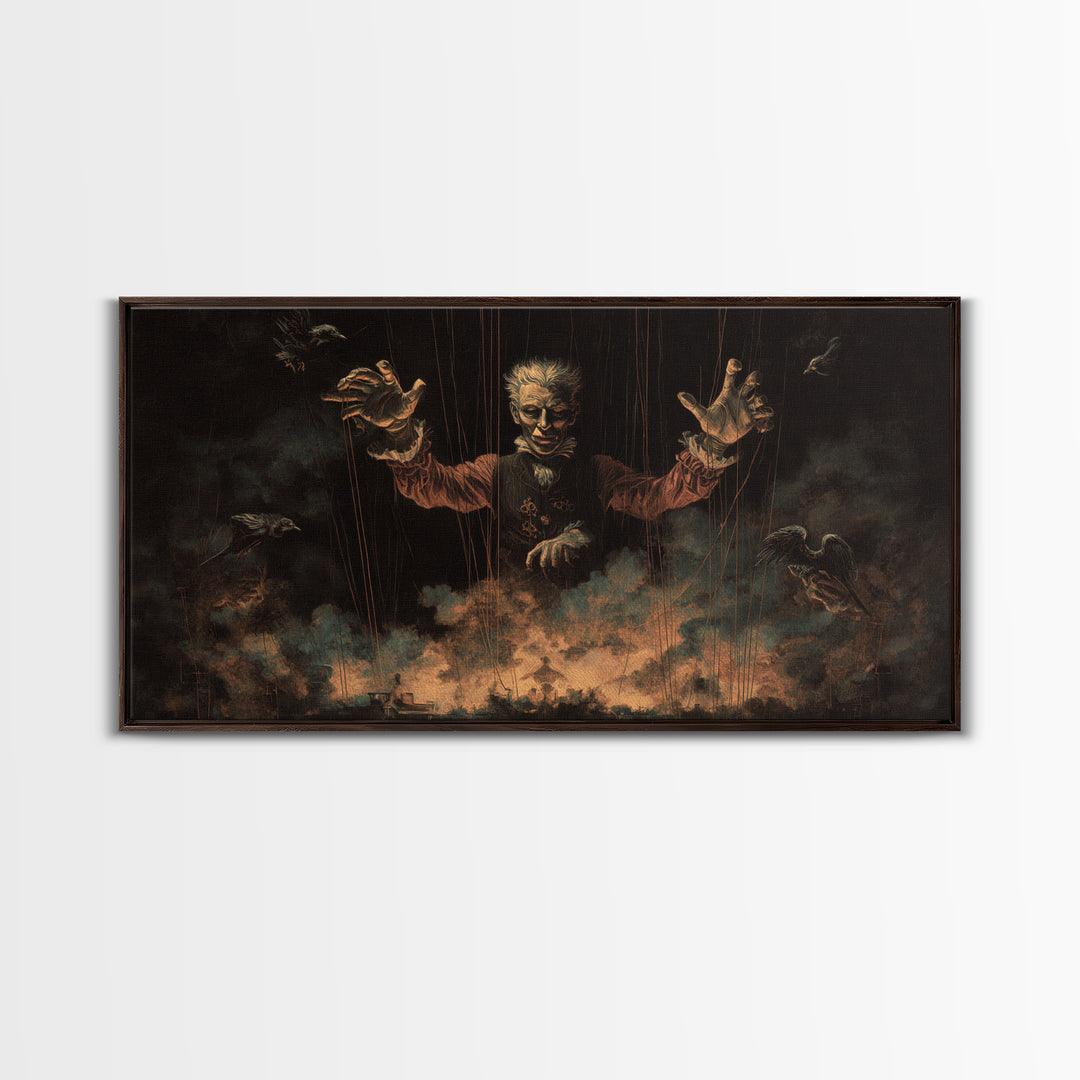 The Marionette Master, Visionary Gothic Art, Wide Panoramic Art, Dark Halloween Decor, Framed Canvas Print, Halloween Wall Art