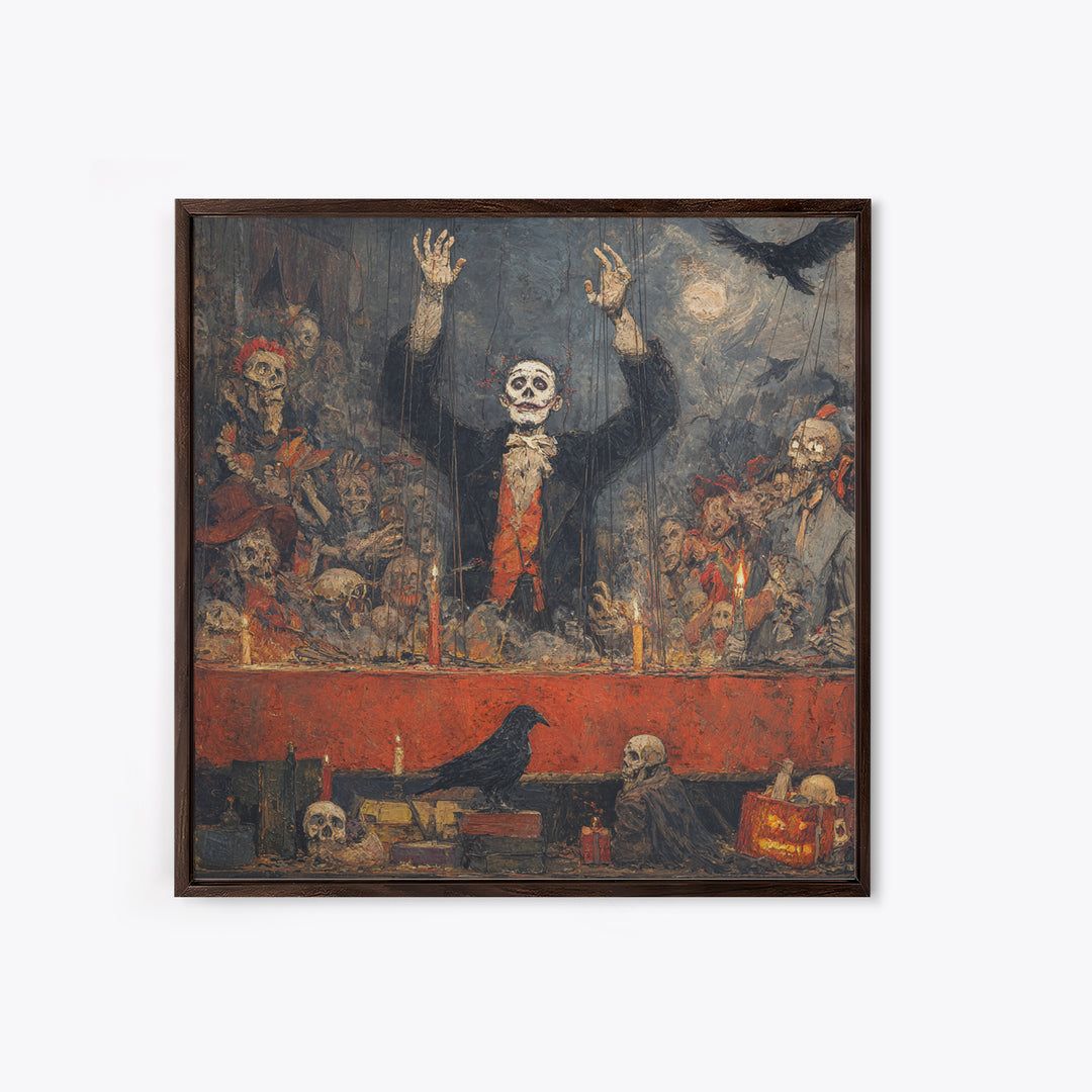The Marionette Master, Grotesque Carnival Art, Square Wall Art, Dark Halloween Decor, Framed Canvas Print, Halloween Wall Art