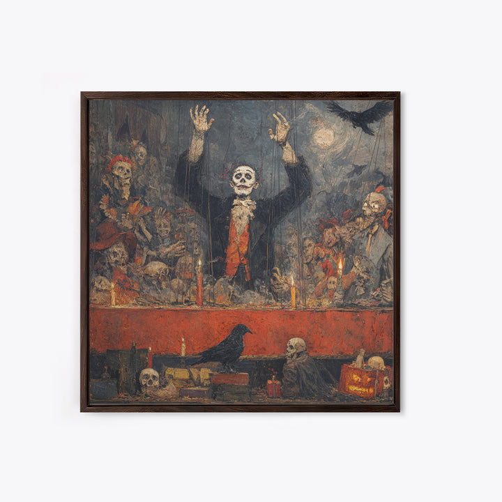 The Marionette Master, Grotesque Carnival Art, Square Wall Art, Dark Halloween Decor, Framed Canvas Print, Halloween Wall Art
