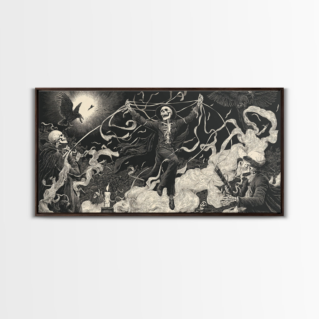 The Marionette Master, Macabre Folk Print Art, Wide Panoramic Art, Dark Halloween Decor, Framed Canvas Print, Halloween Wall Art
