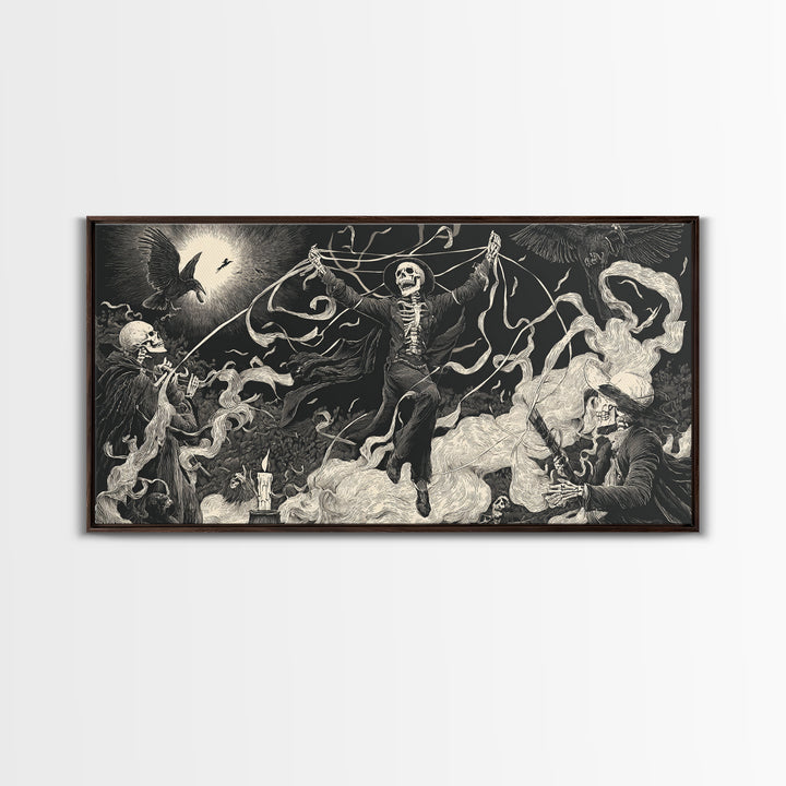 The Marionette Master, Macabre Folk Print Art, Wide Panoramic Art, Dark Halloween Decor, Framed Canvas Print, Halloween Wall Art