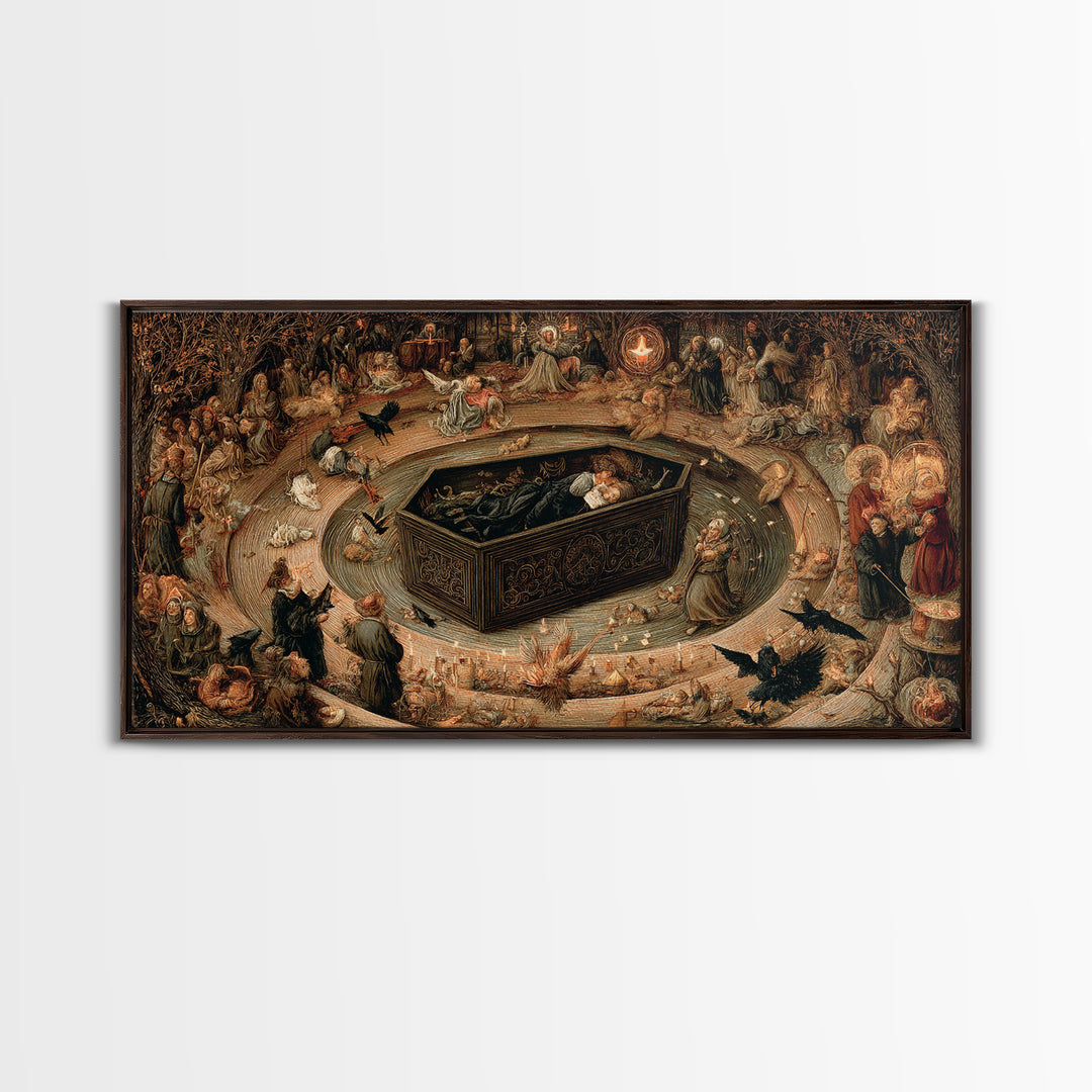 The Coffin Sleeper, Northern Renaissance Horror, Wide Panoramic Art, Dark Halloween Decor, Canvas Print, Halloween Wall Art