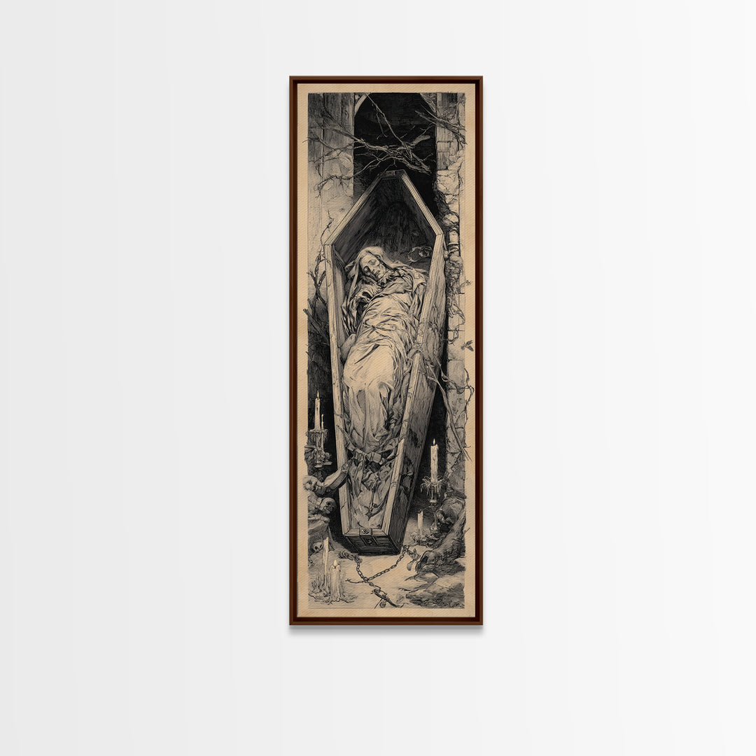 The Coffin Sleeper, Architectural Etching Art, Tall Narrow Wall Art, Gothic Horror Wall Art, Canvas Print, Halloween Wall Art