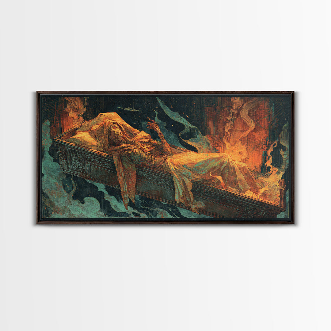 The Coffin Sleeper, Apocalyptic Romantic Art, Wide Panoramic Art, Dark Halloween Decor, Canvas Print, Halloween Wall Art, Dark Fantasy Art
