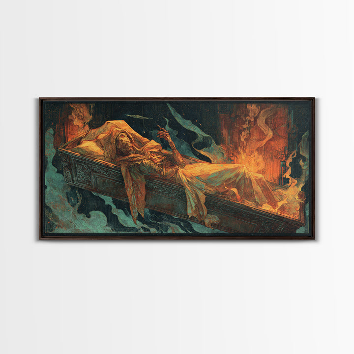 The Coffin Sleeper, Apocalyptic Romantic Art, Wide Panoramic Art, Dark Halloween Decor, Canvas Print, Halloween Wall Art, Dark Fantasy Art
