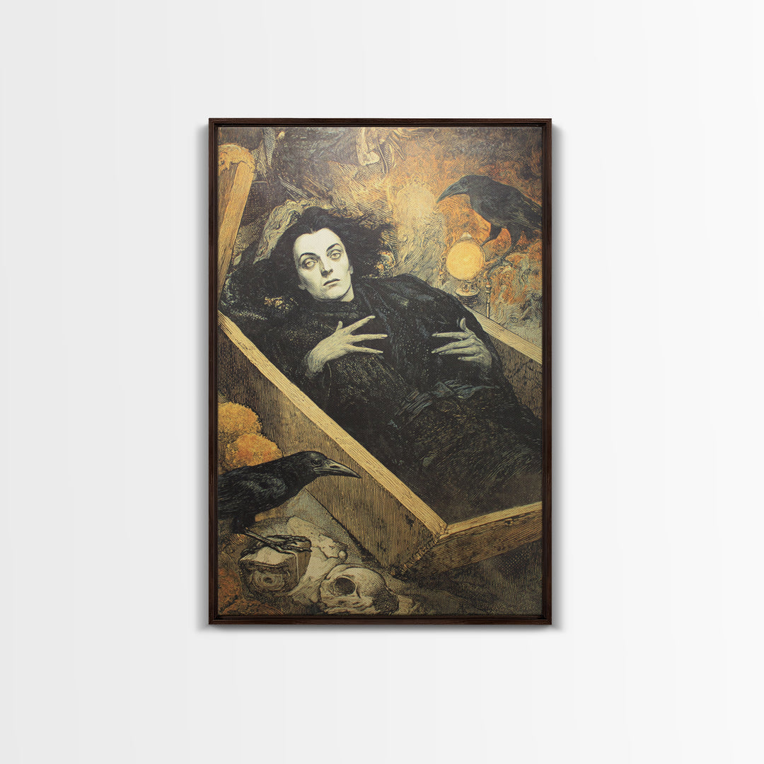 The Coffin Sleeper, Symbolist Etching Art, Vertical Wall Art, Gothic Horror Wall Art, Framed Canvas Print, Halloween Wall Art