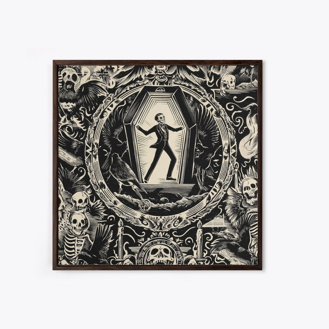 The Coffin Sleeper, Macabre Folk Print Art, Square Wall Art, Dark Halloween Decor, Canvas Print, Halloween Wall Art