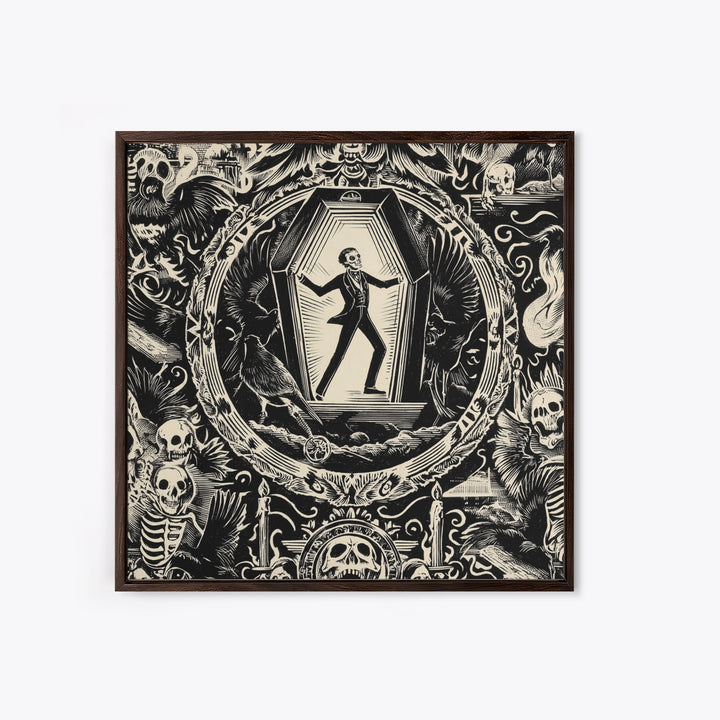 The Coffin Sleeper, Macabre Folk Print Art, Square Wall Art, Dark Halloween Decor, Canvas Print, Halloween Wall Art