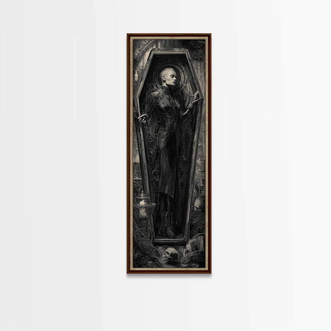 The Coffin Sleeper, Biomechanical Horror Art, Tall Narrow Wall Art, Gothic Horror Wall Art, Framed Canvas Print, Halloween Wall Art