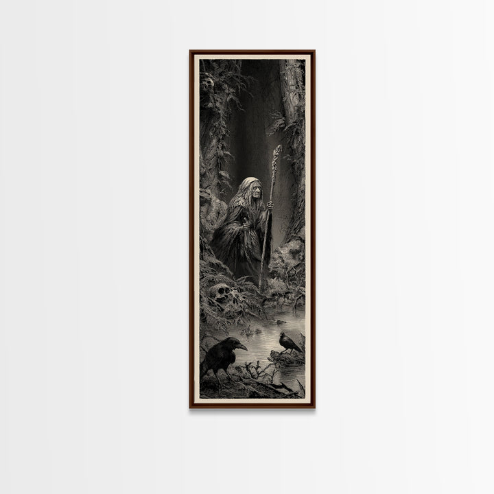 The Swamp Witch, Gothic Engraving Art, Tall Narrow Wall Art, Macabre Wall Art, Framed Canvas Print, Halloween Wall Art
