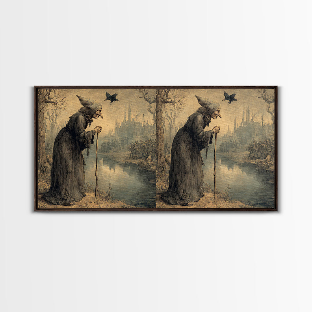 The Swamp Witch, Northern Renaissance Horror, Wide Panoramic Art, Dark Halloween Decor, Canvas Print, Halloween Wall Art