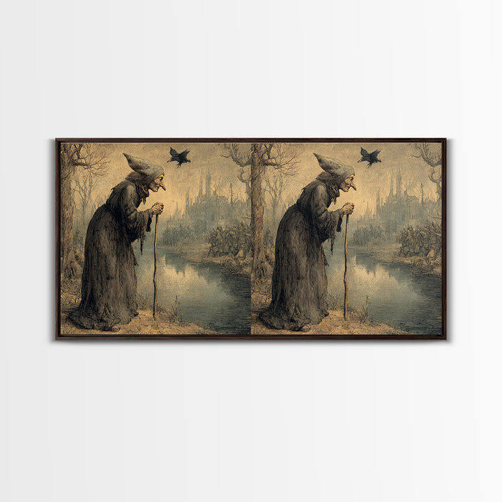 The Swamp Witch, Northern Renaissance Horror, Wide Panoramic Art, Dark Halloween Decor, Canvas Print, Halloween Wall Art