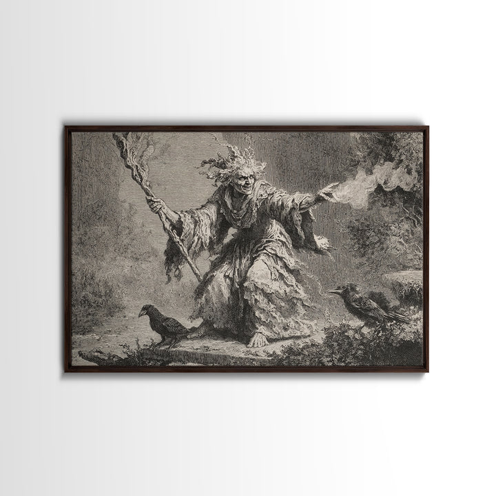 The Swamp Witch, Architectural Etching Art, Landscape Wall Art, Dark Halloween Decor, Canvas Print, Halloween Wall Art