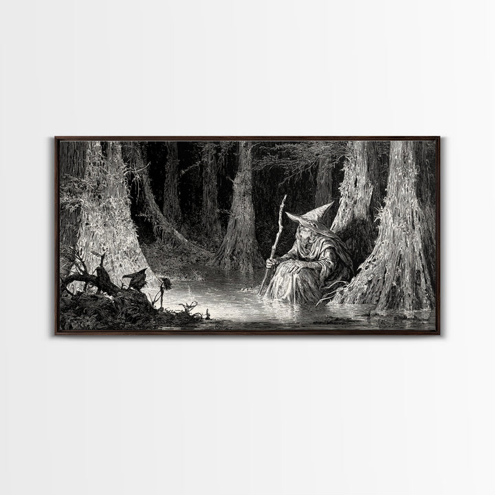The Swamp Witch, Expressionist Nightmare Art, Wide Panoramic Art, Dark Fantasy Wall Art, Canvas Print, Halloween Wall Art, Dark Fantasy Art
