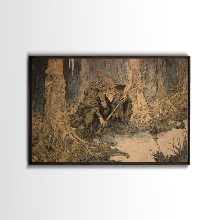 The Swamp Witch, Gothic Storybook Art, Landscape Wall Art, Dark Halloween Decor, Canvas Print, Halloween Wall Art, Macabre Wall Art