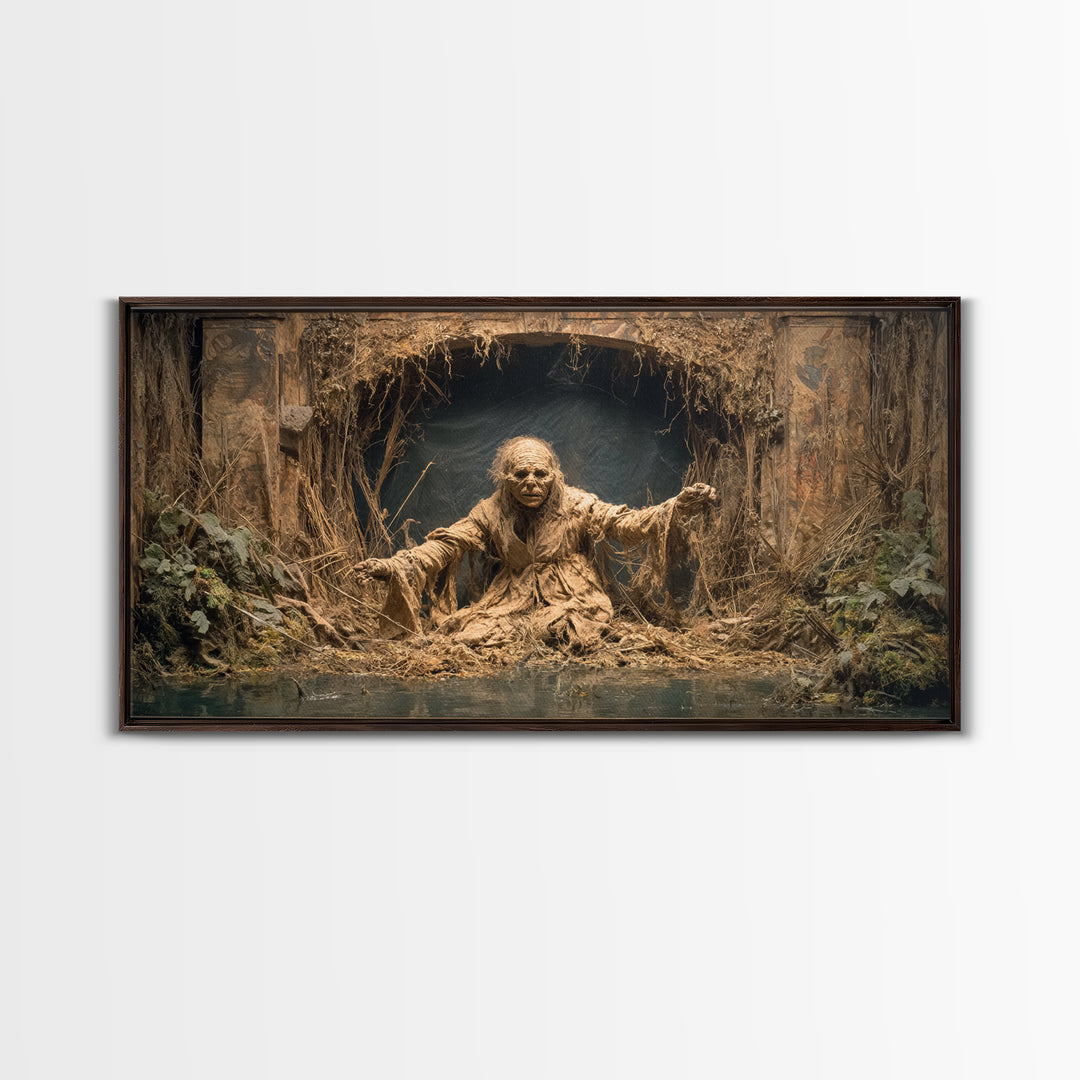The Bog Mummy, Northern Renaissance Horror, Wide Panoramic Art, Dark Halloween Decor, Canvas Print, Halloween Wall Art