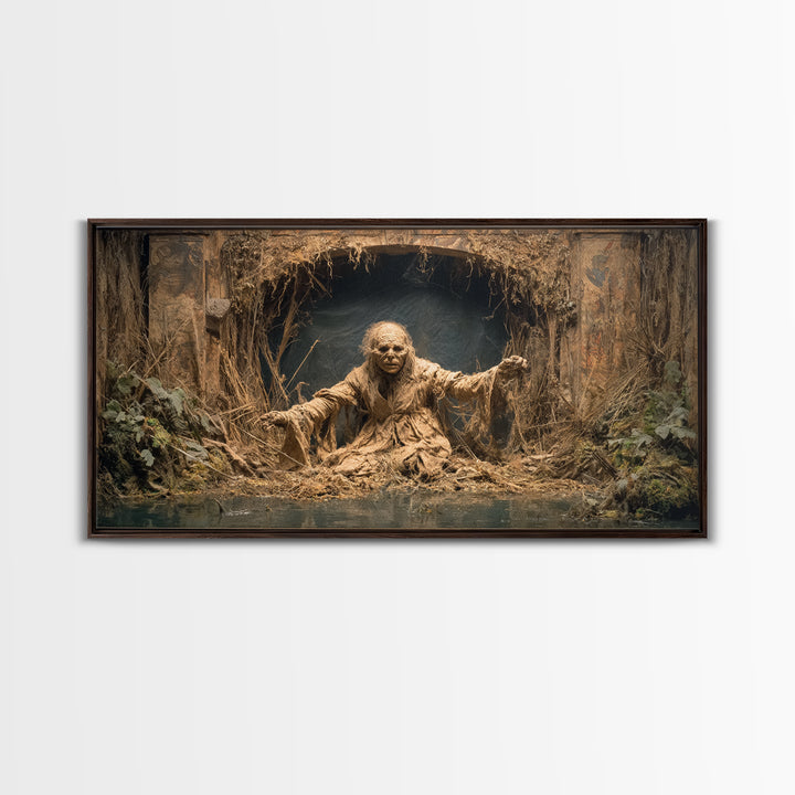 The Bog Mummy, Northern Renaissance Horror, Wide Panoramic Art, Dark Halloween Decor, Canvas Print, Halloween Wall Art